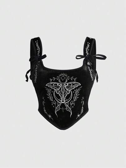 ROMWE Gothic Dark Style Embroidered Moth Contrast Color Palace Collar Tight Velvet Vest