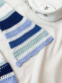 SHEIN Teen Girls Blue & White Striped V-Neck Hollow Out Beach Cover Up, Versatile Holiday Essential