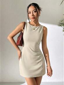 SHEIN EZwear Đầm kaki không tay, dệt kim, hở lưng dành cho nữ - Màu Khaki - Xem 6