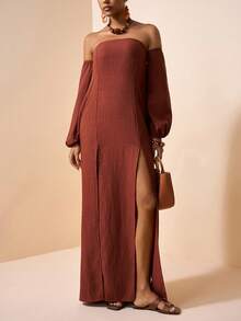 Zivah 2026春夏新品音乐节、复活节、圣帕特里克节、情人节、约会、西部风、游牧风、生日派对、毕业典礼、学院风、学生装、日常休闲、百搭基础款、休闲、度假、邮轮旅行、海滩、日光浴、爆款、街头风、婚礼宾客波西米亚风、通勤、早午餐、机场、派对、假日郊游、办公装、宽松无肩带长袖可拆卸两穿长款亚麻纹理棕色连衣裙 - 棕色 - 查看 1