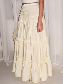 Glamine 腰部褶皱拼接蛋糕裙喇叭裙，休闲日常度假裙 - 黃色 - 查看 8