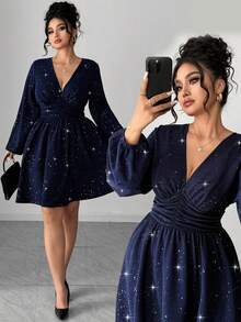 Elenzga Abito casual elegante con scollo a V, stile vintage romantico francese con stampa in lamina, adatto per San Valentino - Blu Navy - Visualizzare 1