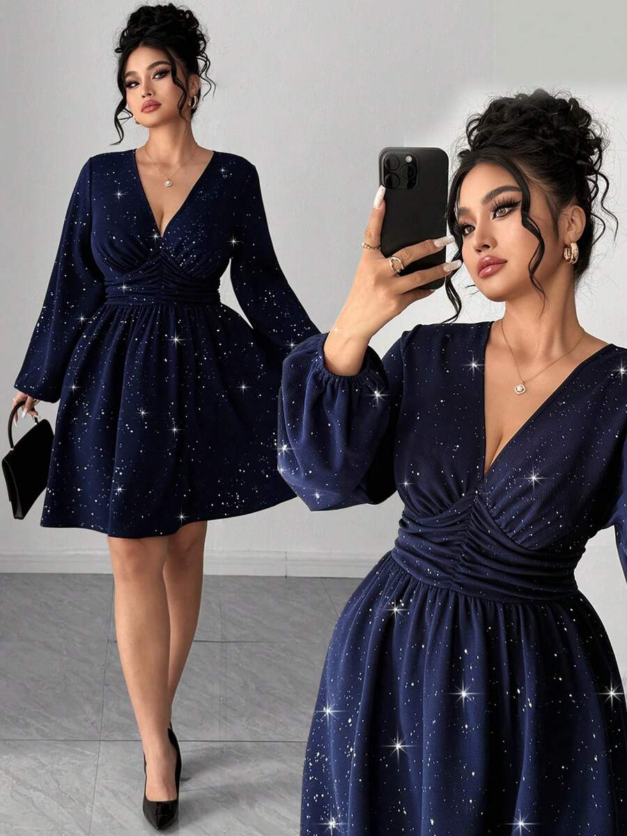 Elenzga Abito casual elegante con scollo a V, stile vintage romantico francese con stampa in lamina, adatto per San Valentino - Blu Navy - Visualizzare 1