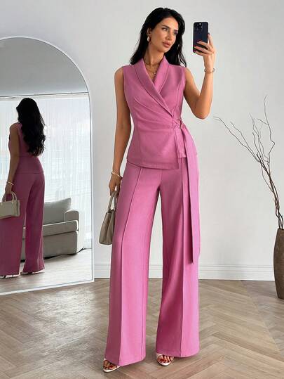 EURMUSE Women's Casual, Office, Commute Solid Color Shawl Neck Wrap Ruched Tie Vest And Seam Front Wide Leg Suit Pants Set, Spring/Summer/Autumn