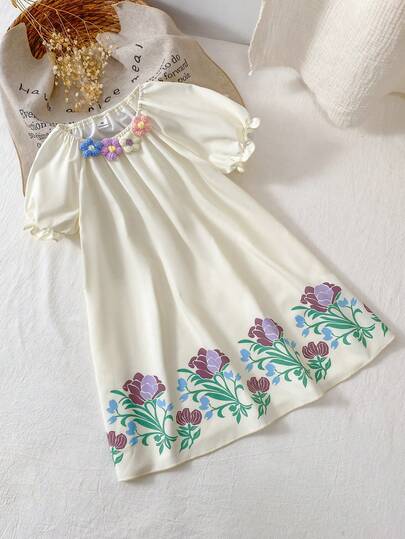 Young Girl' Cream White Floral Print Puff Sleeve Princess Dress, Cute Flower Pattern Summer Dress