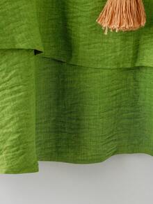 Linhara 新款大码女式亚麻质感衬衫，T恤衫，休闲复古风，宽松圆领上衣，日常宽松上衣，外出上衣，度假上衣 - 橄欖綠 - 查看 3