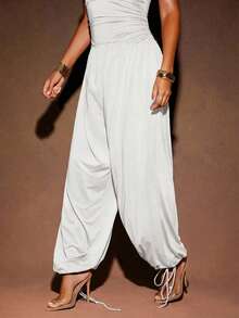Hauture Women's Sexy Summer Vacay Jersey Sleeveless Side Ruched And Drawstring Hem Jumpsuit - White - View 5
