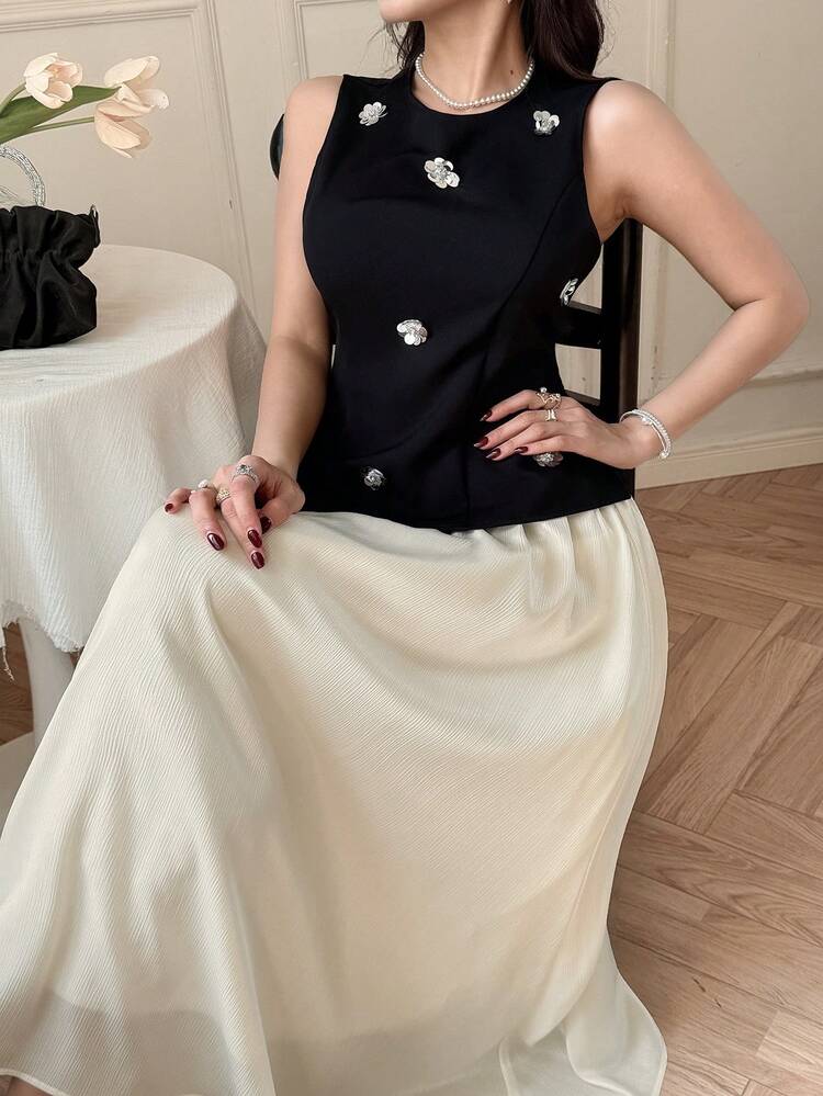 Women's Elegant Sequin Decor Round Neck Sleeveless Top And Contrast Color Skirt 2-Piece Set, Spring/Summer,Wedding Guest Dress Women