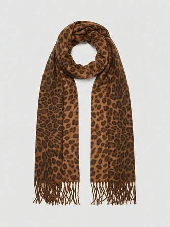 Grunge Punk 1 Leopard Print Pattern Plush Scarf, Y2K Thick Warm Square Fringed Scarf, Suitable For Daily Matching With Autumn And Winter Scarves