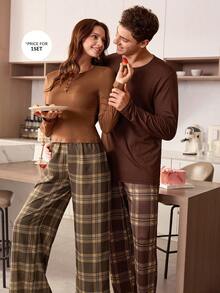 Men's Casual & Comfortable Plaid Print Button Crew Neck Long Sleeve Knit Loungewear Set, Suitable For Couples/Valentine's Day