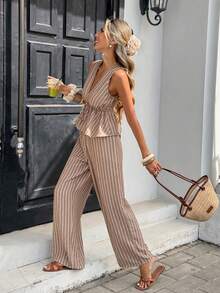 Serisse 女士条纹系腰无袖衬衫和裤子休闲两件套 - 咖啡棕 - 查看 4