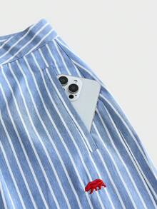 ESTAVOR 男士夏季休闲日常通勤度假条纹印花北极熊刺绣褶皱宽松短裤 - 藍色 - 查看 3