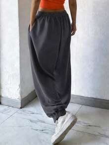 DAZY Women's Loose Drawstring Waist Ankle Cuffed Long Sweatpants Y2k - Grey - View 2