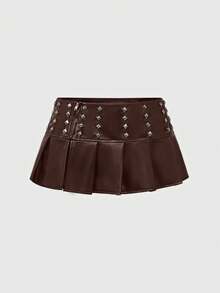 ROMWE Avant 音乐节PU朋克铆钉超低腰褶皱装饰女式迷你裙 - 咖啡棕 - 查看 2