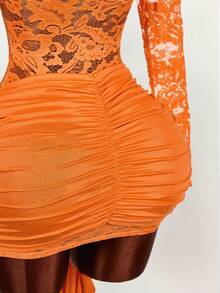 Amplova Women's Lace Mini Bodycon Dress,Long Sleeve Sheer Drawstring Hem Ruched Boho Dress For Party Events,Burnt Orange,Autumn,Techno,Club Night,Rave - Orange - View 11