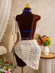 Bellisia Women's Summer Beach Crochet Floral Halter Tie Sexy Bikini Set With Coverup And Skirt - Apricot - View 2