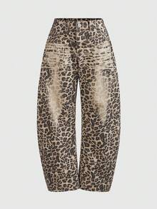Grunge Punk Y2K Vintage Leopard Print Loose Fit Flared Leg Women Jeans - Brown - View 1