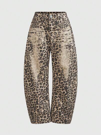 Grunge Punk Jeans da donna a vita alta, con stampa leopardata, vestibilità morbida e gamba ampia, in stile vintage Y2K
