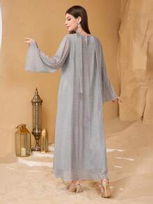 Al Najma 女士亮面宽松宴会礼服，优雅长款垂坠效果连衣裙 - 灰色 - 查看 2