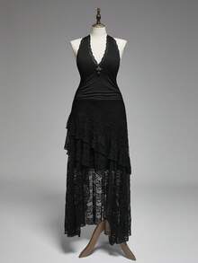 ROMWE Goth Đầm cổ yếm thanh lịch dành cho nữ cỡ lớn, phối ren tương phản, viền bèo nhún. - màu đen - Xem 1