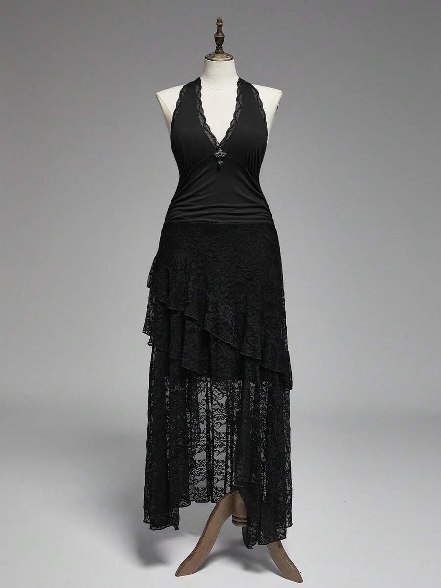 ROMWE Goth Đầm cổ yếm thanh lịch dành cho nữ cỡ lớn, phối ren tương phản, viền bèo nhún. - màu đen - Xem 1