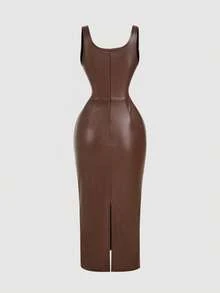 SHEIN Tall CURVE Women's Plus Size Chocolate Brown PU Leather Square Neck Pleated Dress,Elegant Autumn Bodycon Fitted Dress For Date Night,Party & Graduation Outfits - Brown - View 2