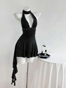 Elamini Sexy Retro Minimalist V-Neck Ruffle Hem Waist Cinched Dress For Women - Black - View 4