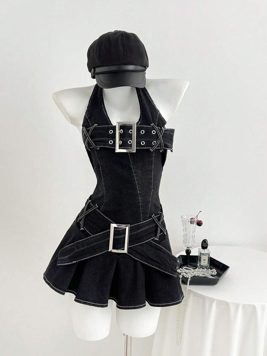 Elamini 夏季时尚露背吊带牛仔连衣裙，配腰带