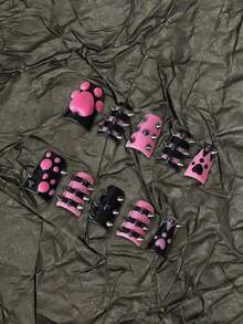 ROMWE Grunge Punk 10片Y2K风格手绘猫爪假指甲+3片双面胶带，性感铆钉，粉色和黑色撞色，可拆卸中长鸭嘴形手工定制假指甲，适合四季节日派对、舞会和日常佩戴。 - 彩色 - 查看 4