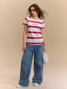 Hanevo 春夏新款休闲时尚优雅学院风运动跑步街头度假字母条纹印花短袖针织女式T恤 - 紅白色 - 查看 1