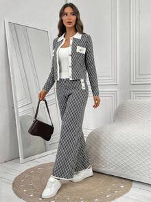 SHEIN LUNE 女士格子长袖单排扣针织开衫和针织裤休闲两件套，秋冬款 - 黑與白 - 查看 4