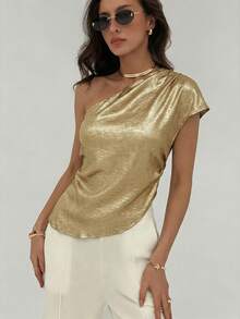 Aloruh Women's Fashionable Commuter Asymmetric Collar Metal Blouse, Summer - Gold - View 6