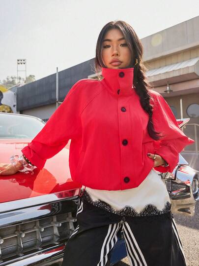 Muchica Women's Spring New Red Stand Collar Loose Jacket For Going Out Outfits, Streetwear, Y2K Clothes, Valentine's Day,Spring Outfits, Red Jacket