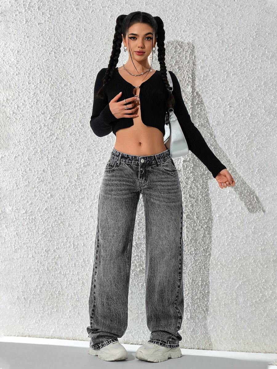 SHEIN ICON 女士口袋宽松阔腿休闲百搭牛仔裤 - 淺灰色 - 查看 1