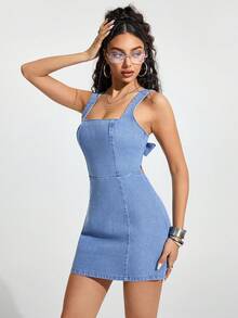 Jeanoix 女士露背打结设计休闲日常牛仔连衣裙 - 藍色 - 查看 4