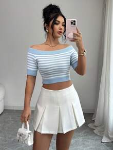 Elenzga Fashionable Striped Off Shoulder Short Sleeve Women Sweater - Blue - View 1
