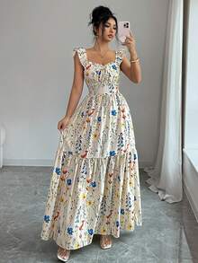 SHEIN Elenzya 女士方领蝴蝶袖连衣裙，时尚印花，露背腰带设计显瘦，优雅度假风，适合夏季日常、通勤、约会、晚餐等场合，百搭连衣裙 - 彩色 - 查看 7