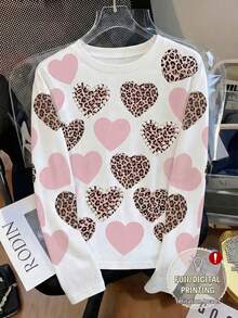 Resyla Women's Long Sleeve Leopard Print Heart Studded T-Shirt