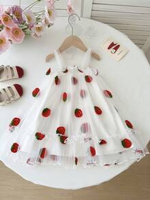 Playful Pals Toddler Baby Girl Elegant Embroidered Strawberry Mesh Strap Dress, Cute Fluffy For Baby Party, Gathering, Daily Wear - White - View 2