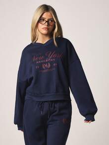 MISSGUIDED 女士海军蓝V领卫衣，纽约曼哈顿印花长袖套头衫，秋冬季休闲舒适上衣 - 寶藍色 - 查看 4