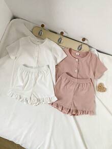 4-częściowy dziewczęcy, swobodny, prążkowany kardigan z okrągłym dekoltem i szorty, minimalistyczny, beżowo-różowy kolor o niskim nasyceniu - Wielokolorowe - Zobacz 4