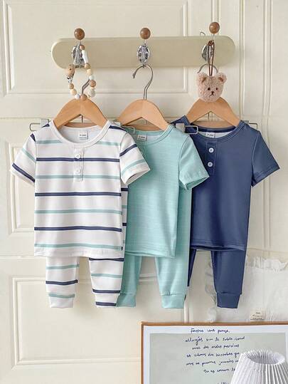 男婴优雅简约三色印花短袖连体衣和裤子三件套休闲舒适睡衣套装