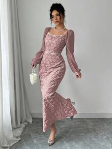 Modelyn Đầm ôm sát cơ thể thanh lịch dành cho nữ, chất liệu jacquard phối họa tiết dây xích. - Bụi hồng - Xem 4