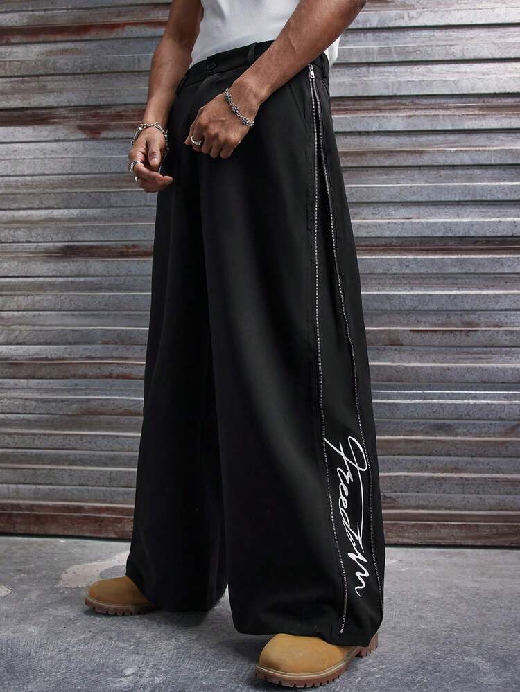 AXEPEAK Men's Casual Street Fashion Zip Decor Loose Wide-Leg Pants
