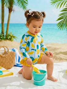 Baby Girls' Cute Lemon Print Ruched Zipper Front One-Piece Swimsuit With Adjustable Bow Sun Hat, For Beach Vacation, Spring/Summer/Autumn
