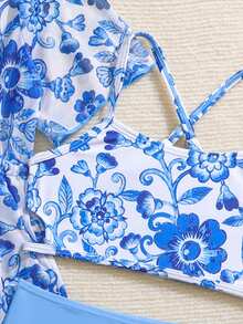 3pcs Young Girl Cheongsam Swimwear Set, Includes Mesh Coverup, Spaghetti Strap Top, And Bottoms, Stretchy Quick-Dry Knit Fabric, Suitable For Beach, Pool, Surfing, Vacation, Summer Twist Front 3 Pieces Bikini Kids Kids Cover Up Swimwears Young Girl Swimwear With Coverup Twist Front 3 Piece Bikini Kids Kids Cover Up Swimsuits Girls Swimsuit With Coverup - Blue - View 6