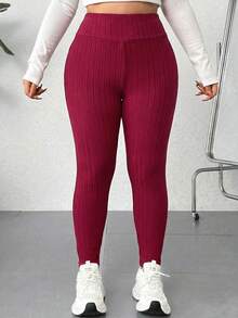 SHEIN EZwear 大码女式纯色罗纹休闲打底裤 - 紅色 - 查看 4