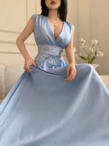 Celisse Blue Embroidered Mesh Splice Deep V-Neck Elegant Dress For Women - Blue - View 5