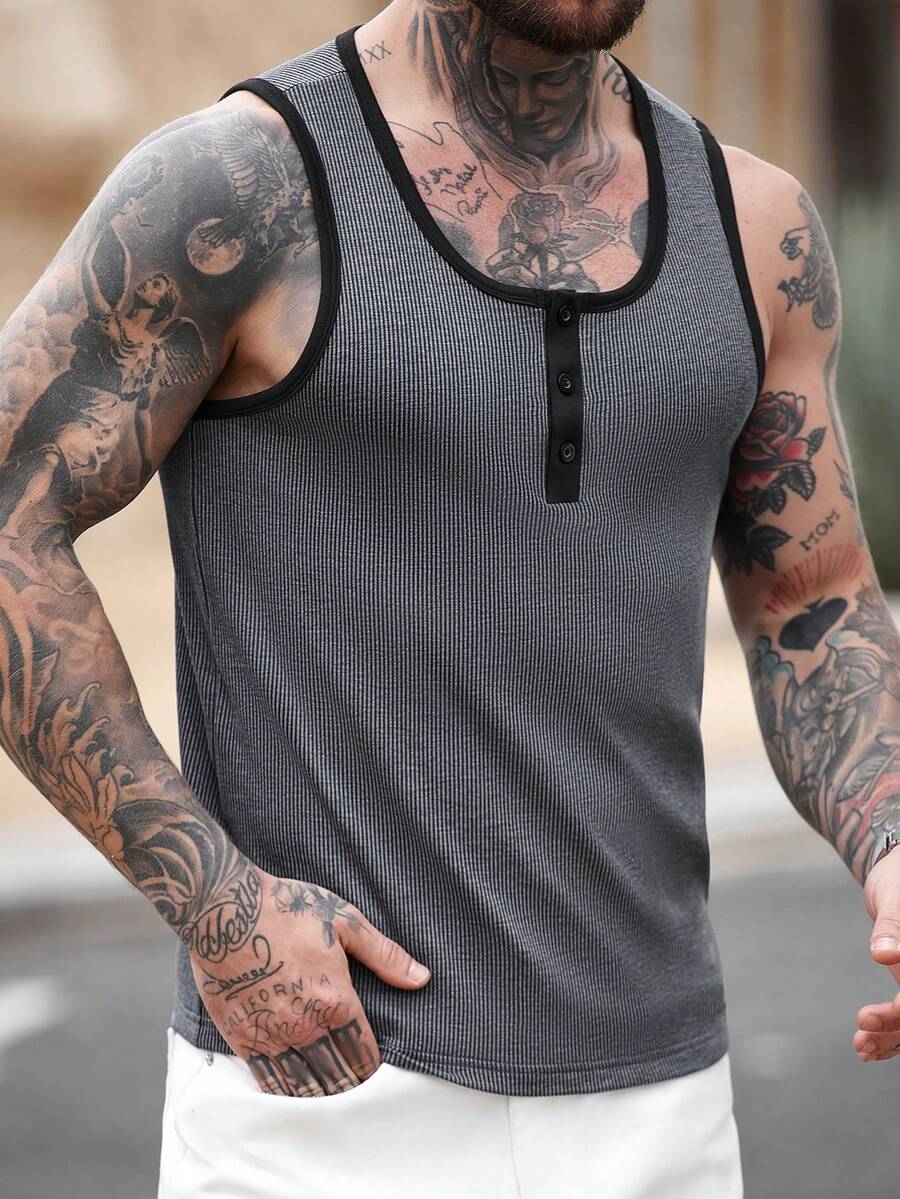 Manfinity CasualCool Men's Sleeveless Tank Top, Button Half-Placket, Slim Fit, Black & Grey Striped Jacquard Tank Top - Dark Grey - View 1