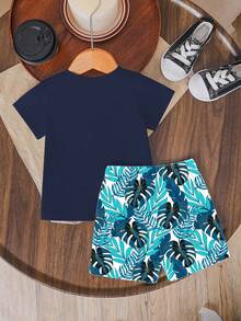 Baby Boy Fashionable & Comfortable Casual Crew Neck Short Sleeve T-Shirt Set, Leaf Print & Slogan Graphic Design, Relaxed Fit, Suitable For Spring/Summer Vacation, Outdoor, School, Party, Gift - Multicolor - View 2